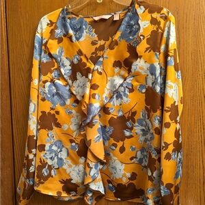 Laurie Felt Gold Ruffled Wrap Blouse with Notched Collar